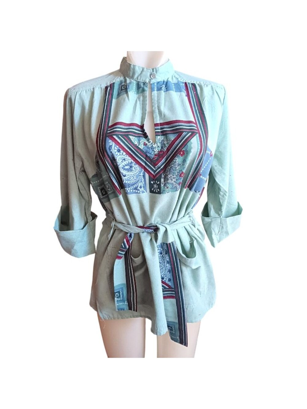 True Vintage Boho Belted Top Medium Loubella Extendabes Tunic Blouse Mint Green
